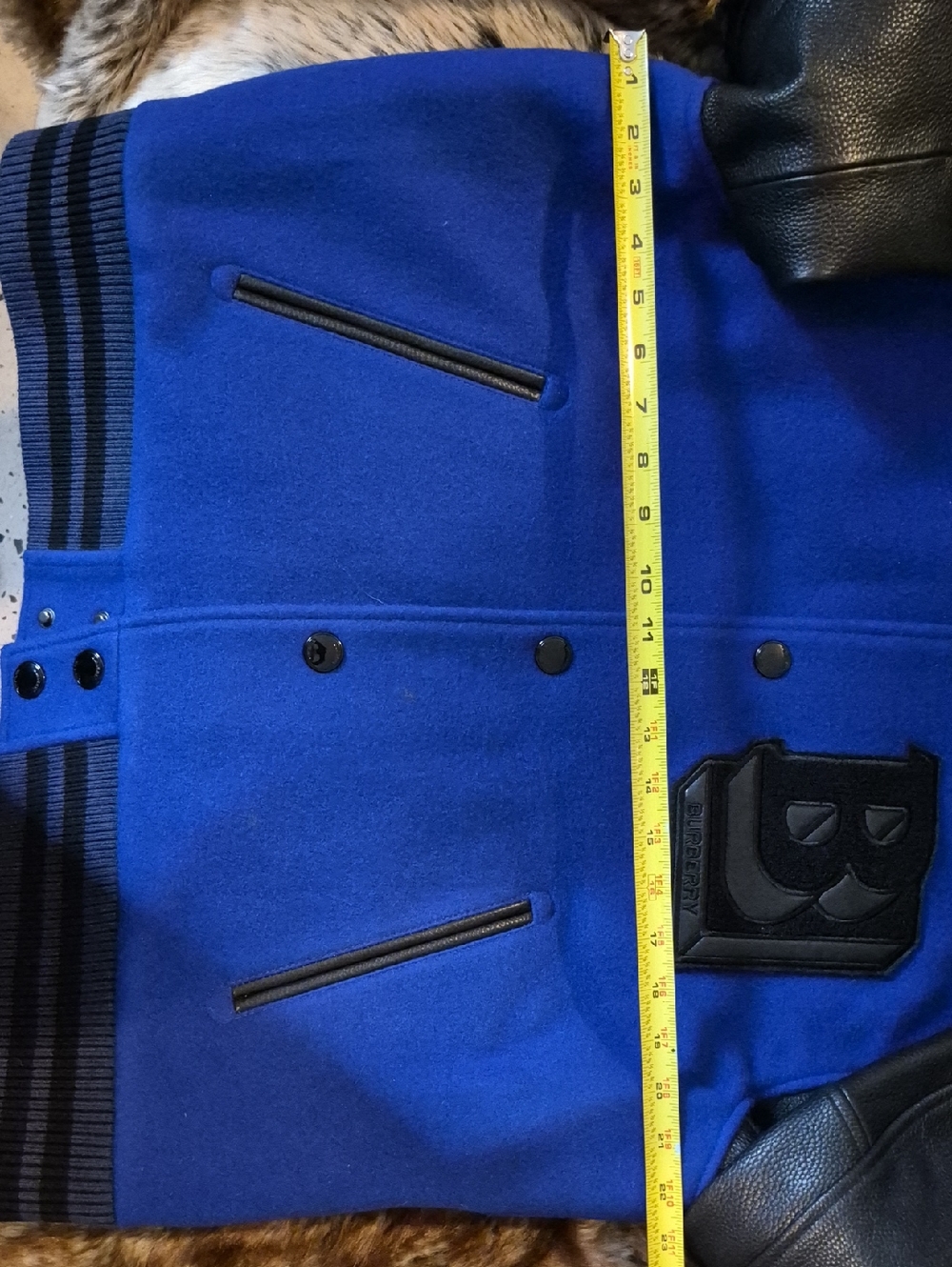 Burberry Royal Blue Wool Varsity Jacket with Black Leather Sleeves - Picture 5 of 5